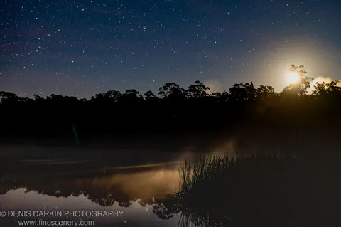 A moonrise over the treeline at Dunns Swamp casts a warm glow on the mist-covered water as stars fill the night sky above.