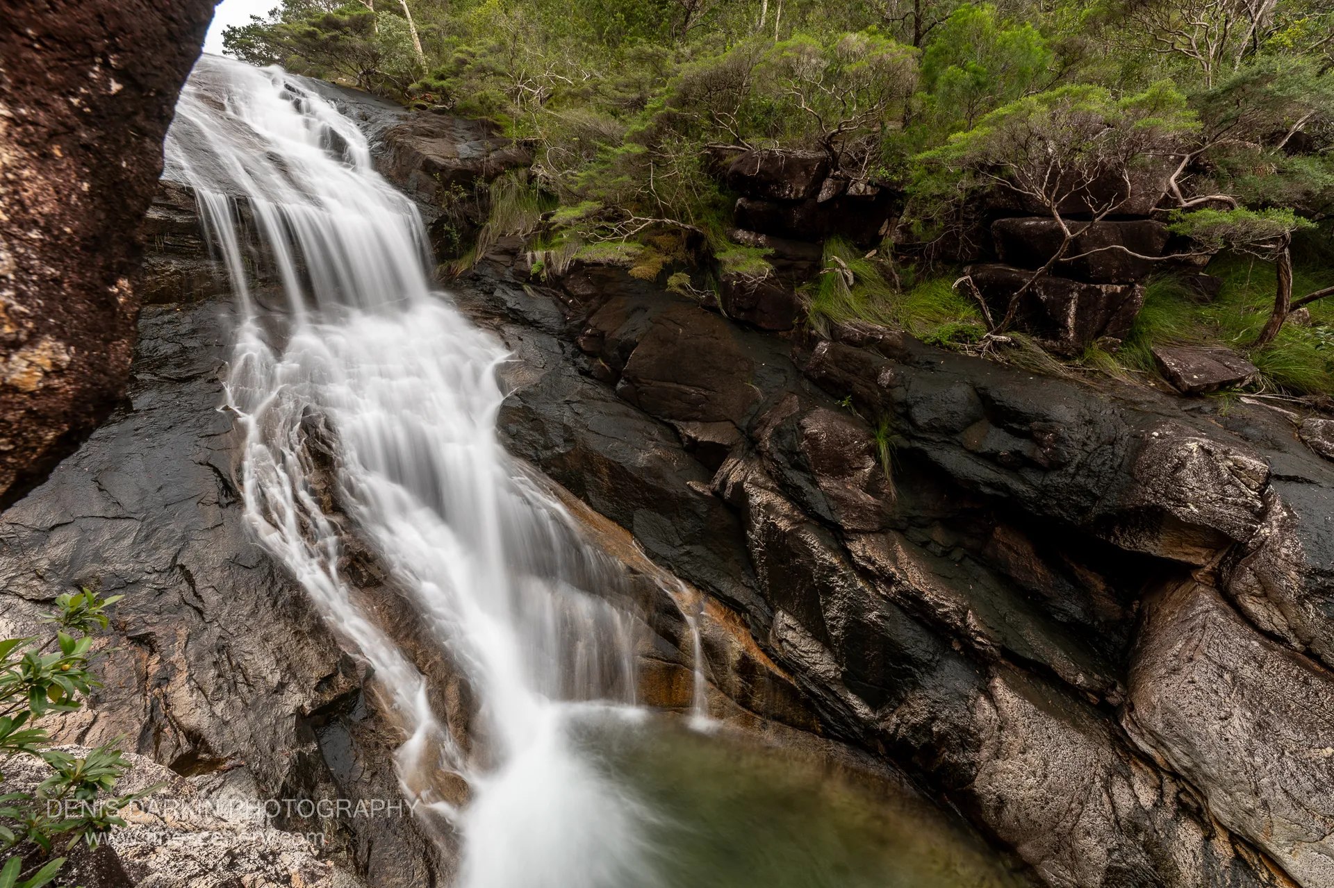 Water slides down the broad dark rock face of Mulligan Falls into a green plunge pool, with wet boulders, grass tufts, and dense rainforest beyond.