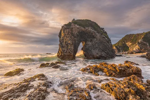 A natural sea arch near Bermagui at dawn, morning light on the stone above mossy tide pools where waves crash at the base.