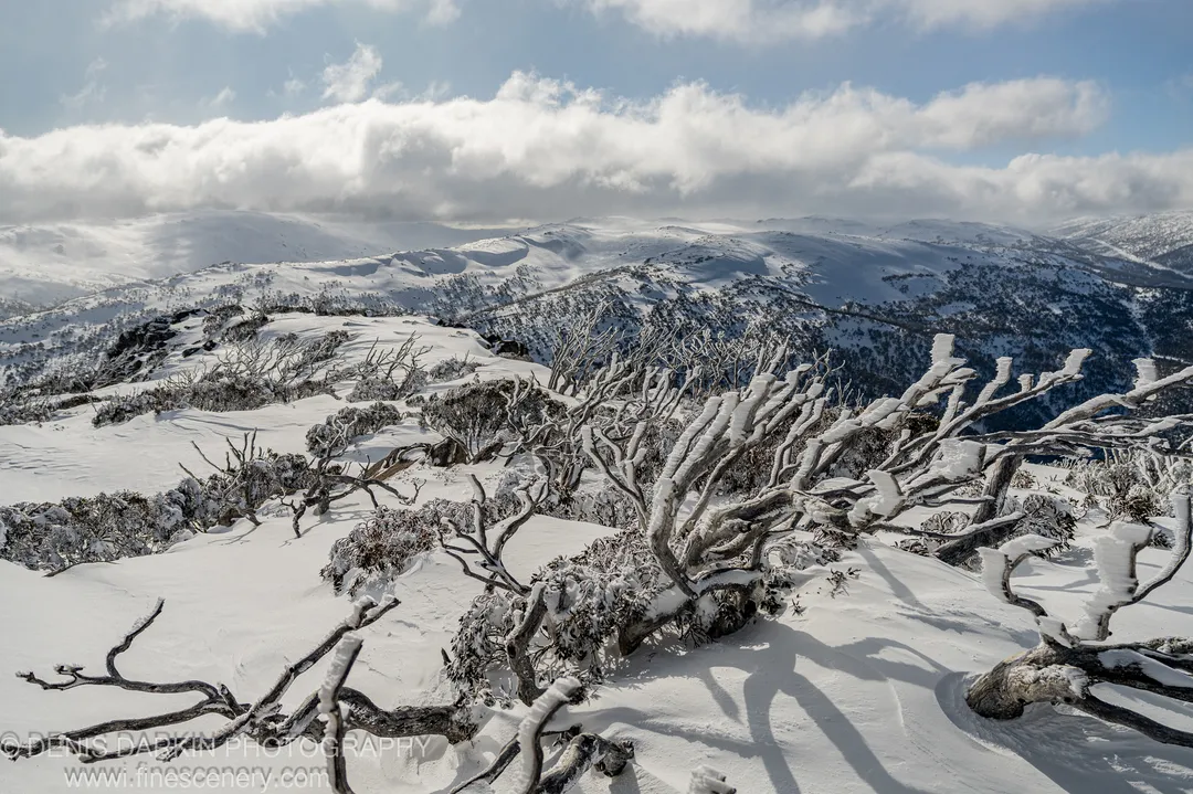 Rolling alpine ridgelines recede toward the horizon beneath a broken layer of stratus cloud over Perisher Valley, winter 2025.