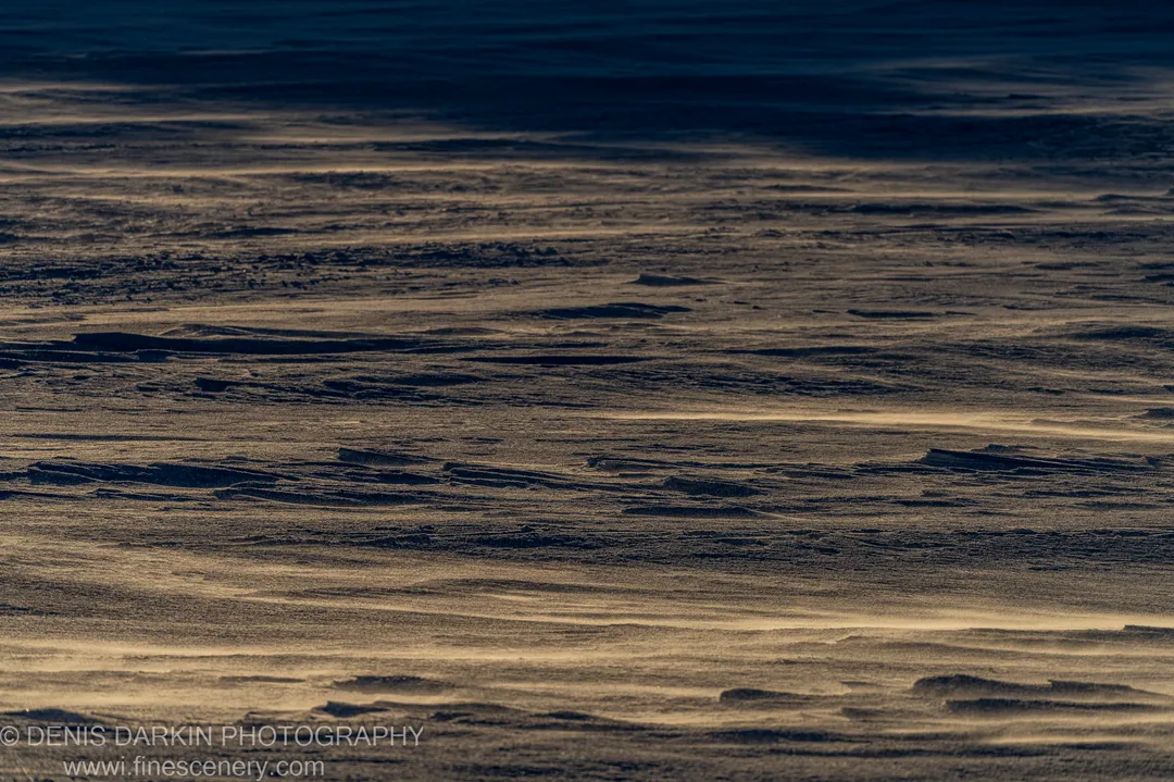 Vast frozen surface at Perisher Valley at golden hour, with deep blue-grey shadows contrasting with warm amber highlights on the undulating ice texture.