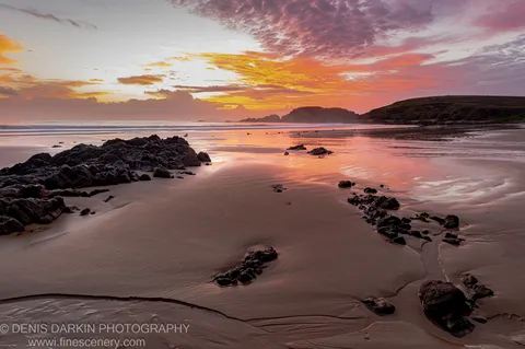 Wet sand reflecting a pink and orange sunrise sky near Coffs Harbor, with dark jagged rocks and headlands in the distance.