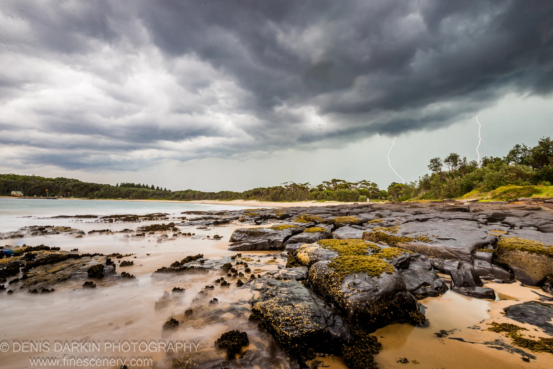 Dark algae-encrusted rocks on the New South Wales coast with a lightning bolt above heavy storm clouds and coastal forest.