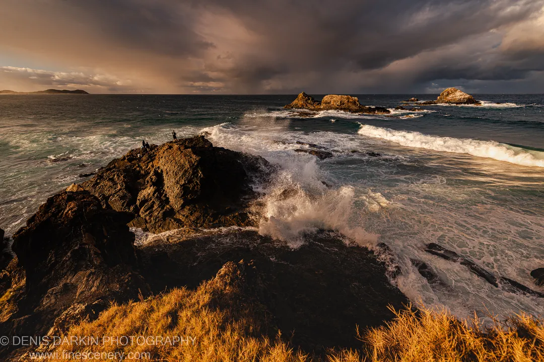 Coastal grass in golden light before a wall of storm cloud, with waves crashing against dark volcanic rock formations at Byron Bay, NSW.