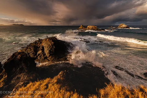 Coastal grass in golden light before a wall of storm cloud, with waves crashing against dark volcanic rock formations at Byron Bay, NSW.