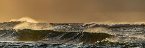 Telephoto compression stacks rolling ocean swells in morning light at Byron Bay, NSW, fine spray catching warm amber color at the breaking crests.