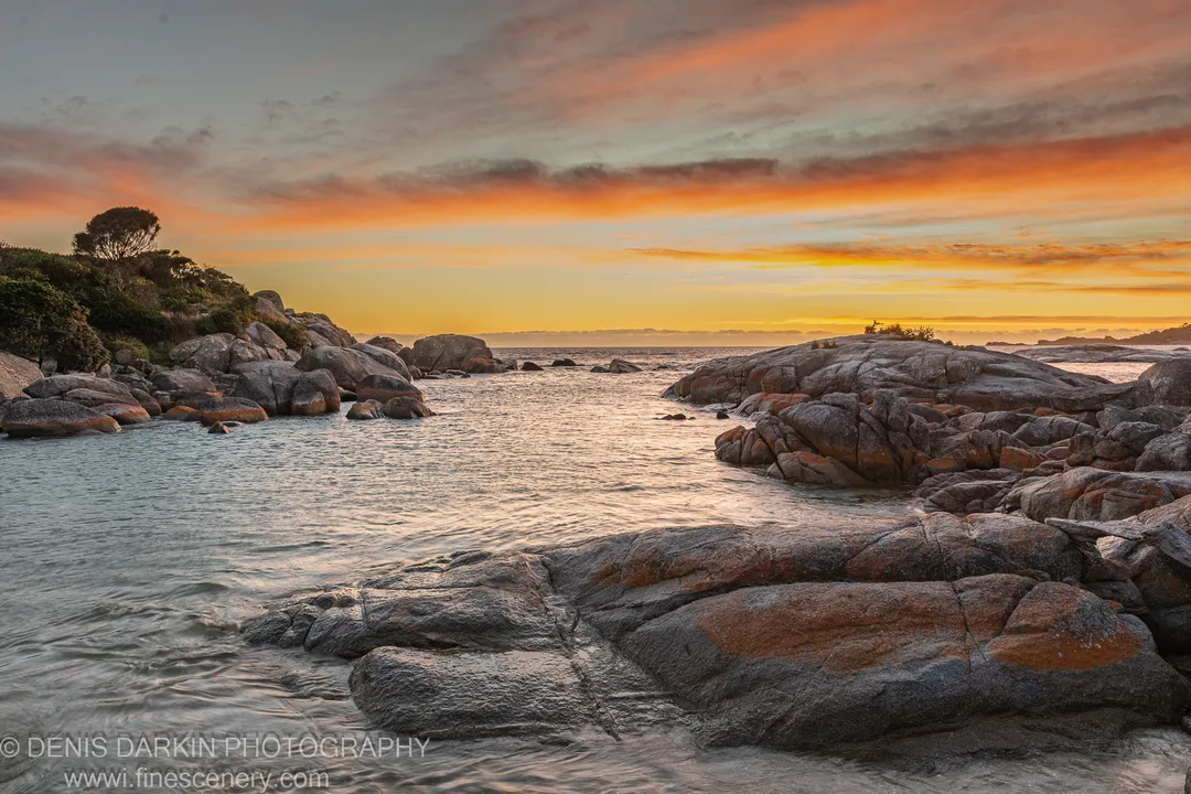 Large smooth granite boulders with orange lichen rim a calm inlet at Bay of Fires under a warm morning sky, East Coast Tasmania.