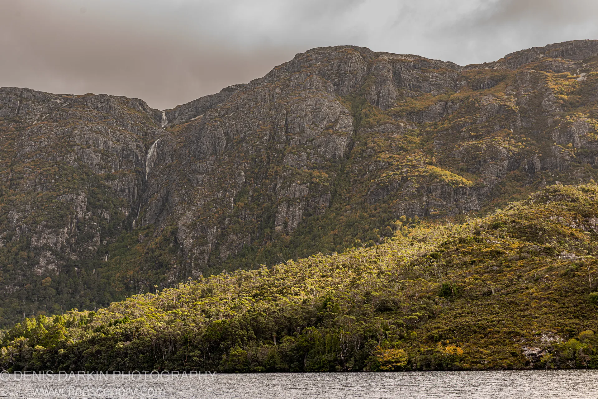 White ribbons of water fall down a sheer grey cliff above a dense forested shoreline with dark rippling water, Tasmania, April 2022.