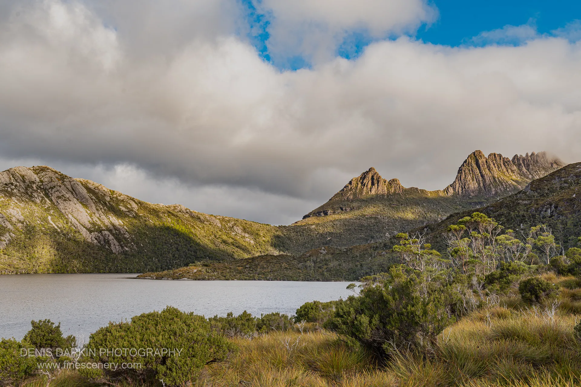 Warm sunlight catches the rugged dolerite peaks of Cradle Mountain as vast cumulus clouds tower above, with alpine heath and tussock grass in the foreground.