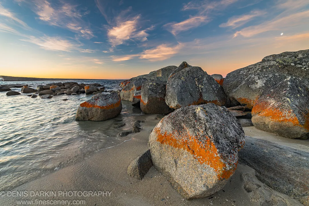Orange lichen-covered granite boulders along a sandy shoreline at Bay of Fires, Tasmania, under a blue sky at sunset.