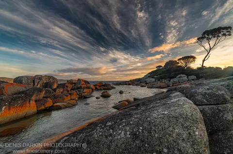 Streaked cirrus clouds lit by morning sun stretch across a wide sky above lichen-covered granite boulders at Bay of Fires, East Coast Tasmania.