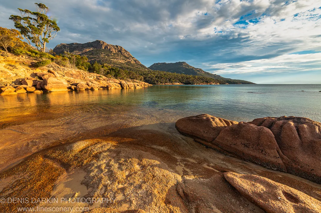 A windswept tree and a rock formation stand on the Coles Bay foreshore, with a distant headland visible below billowing clouds, April 2022.