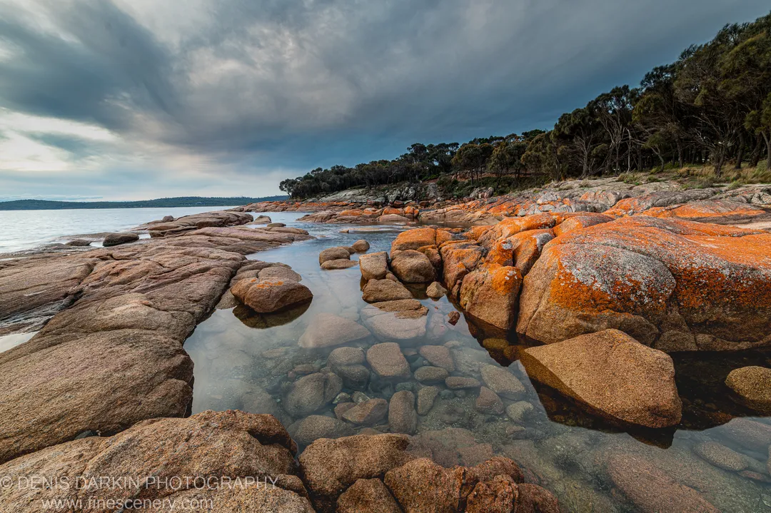 Vibrant orange lichen covers granite boulders and rounded cobblestones beside clear tidal pools at Coles Bay as storm clouds gather overhead, April 2022.