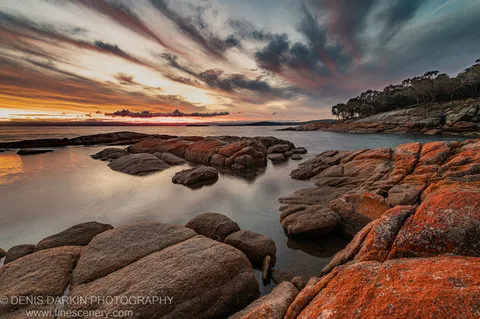 Lichen-covered granite rocks and tidal pools at Coles Bay reflect orange and violet clouds, with a faint island silhouette at the horizon.