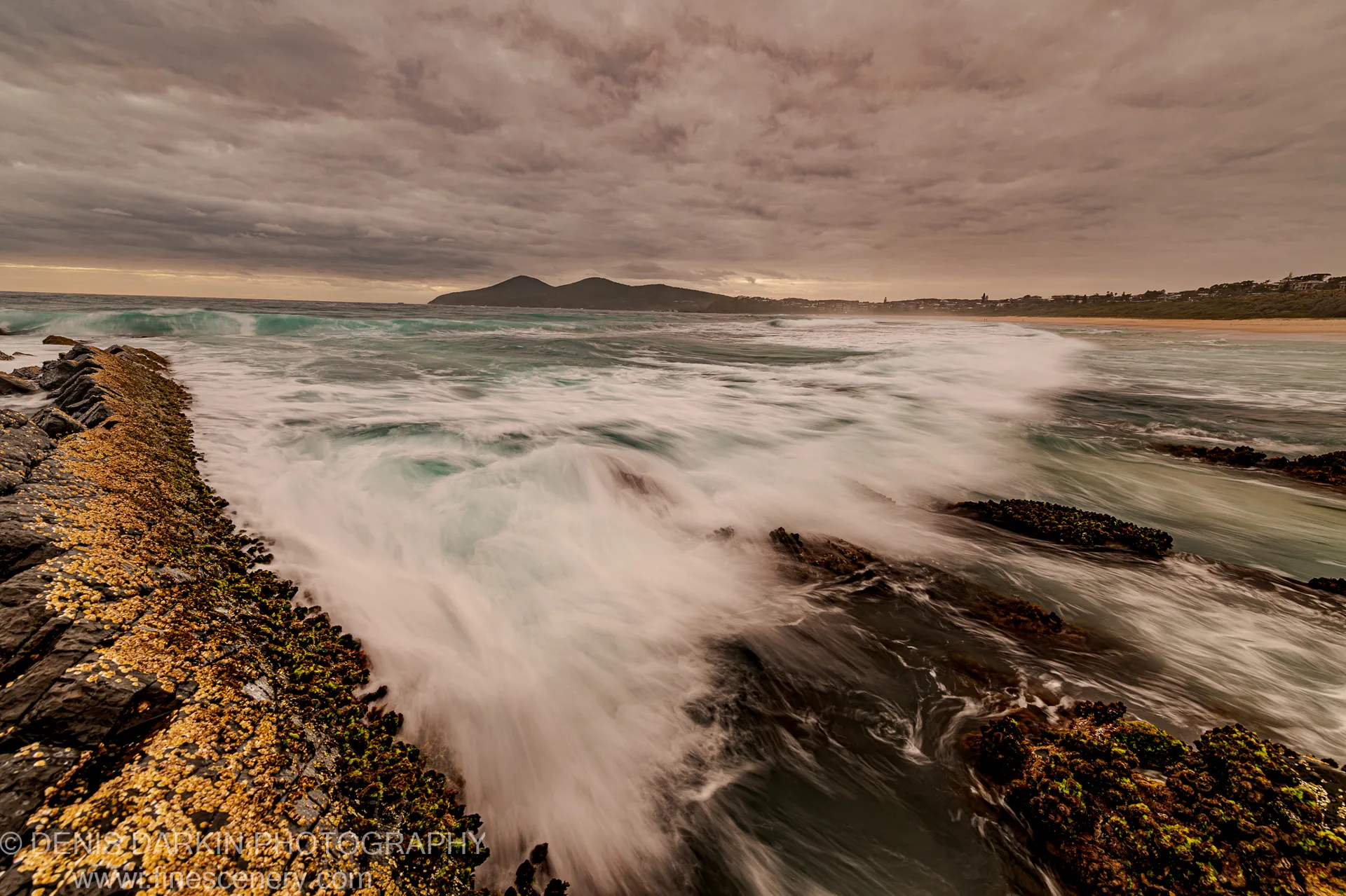 Long-exposure surf washes around barnacle-encrusted and moss-covered rocks on the Forster coast at dawn, the ocean reduced to milky haze.