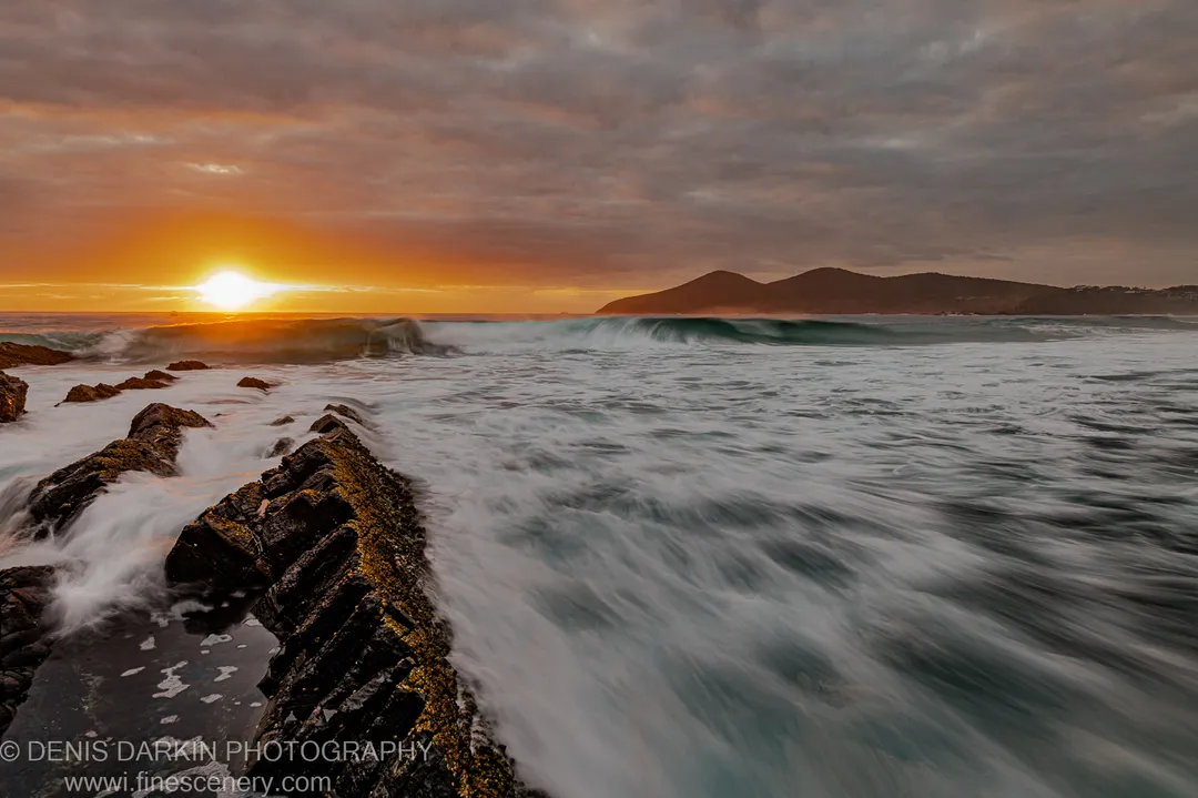 Low summer sun on the horizon above algae-covered rocks at dawn on the Forster coast, with motion-blurred surf and a distant headland.
