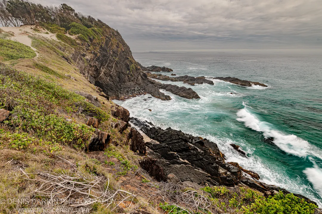 Rugged coastal cliffs covered in green scrub slope toward deep turquoise water on the Forster headland, New South Wales, under overcast morning light.