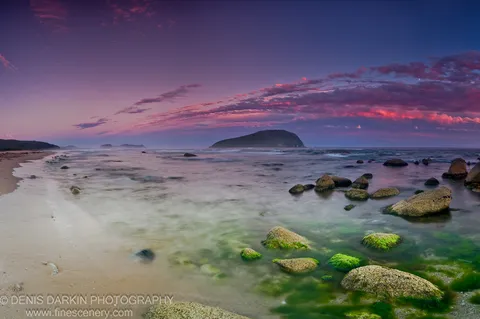 Bright green algae clings to scattered tidal boulders at Petrova Island as the sandy beach curves toward distant silhouetted headlands at dusk.