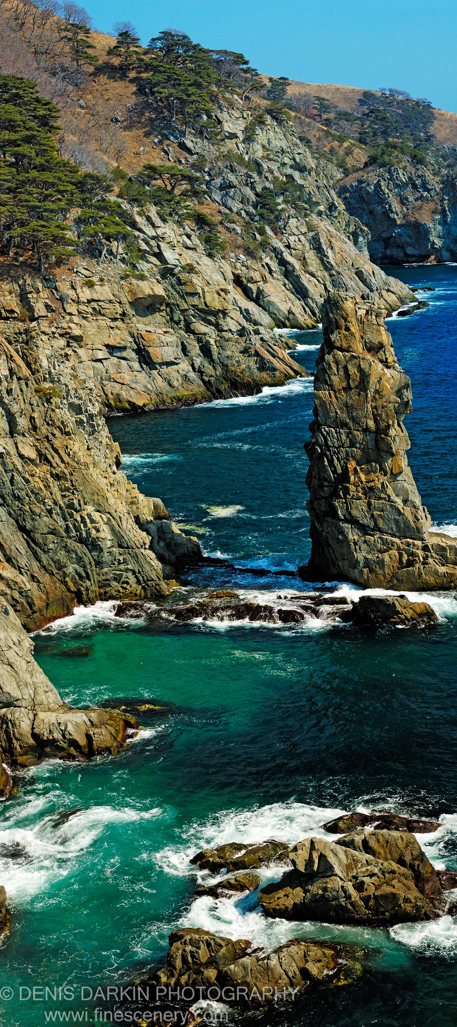 A tall sea stack rises from deep water beside a stratified cliff at Hasan, with sparse pine trees above and turquoise waves breaking over dark boulders at the base.