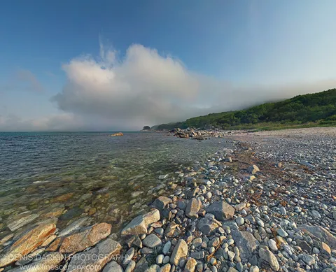 A pebble shoreline at Telyakovskogo Bay curves toward a forested headland under a large cumulus cloud in a blue sky.