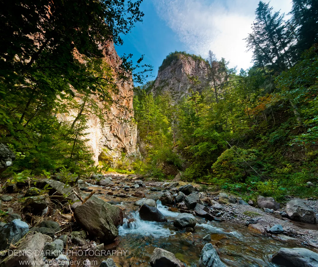 A rushing stream tumbles over smooth boulders in a deep gorge, sunlight on the cliff face and dark foliage above, Terneysky District.