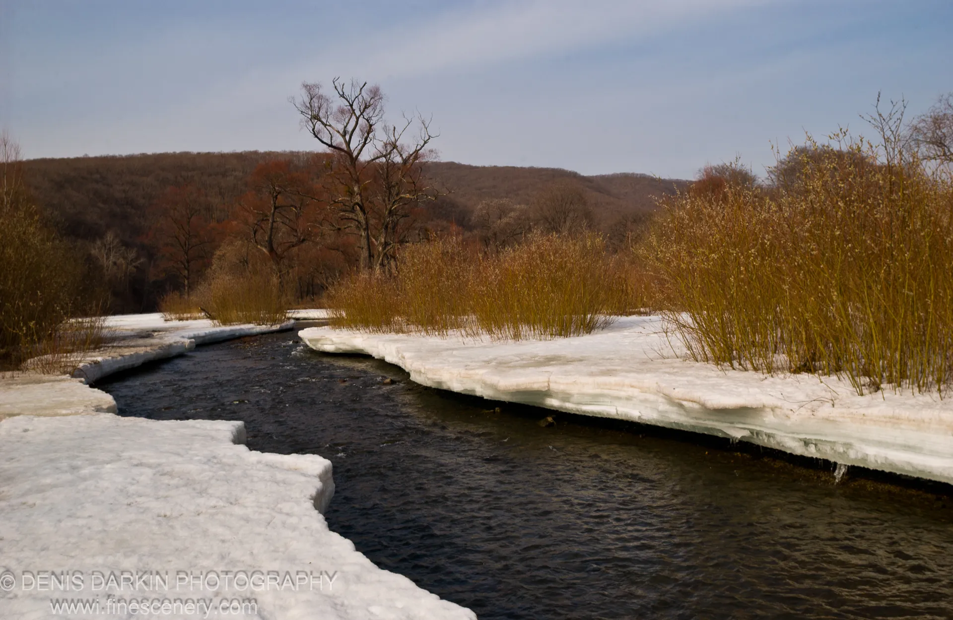 Dark water flows past thick banks of melting snow and golden-brown reeds along the Steklyanukha River, with dormant forested hills behind.