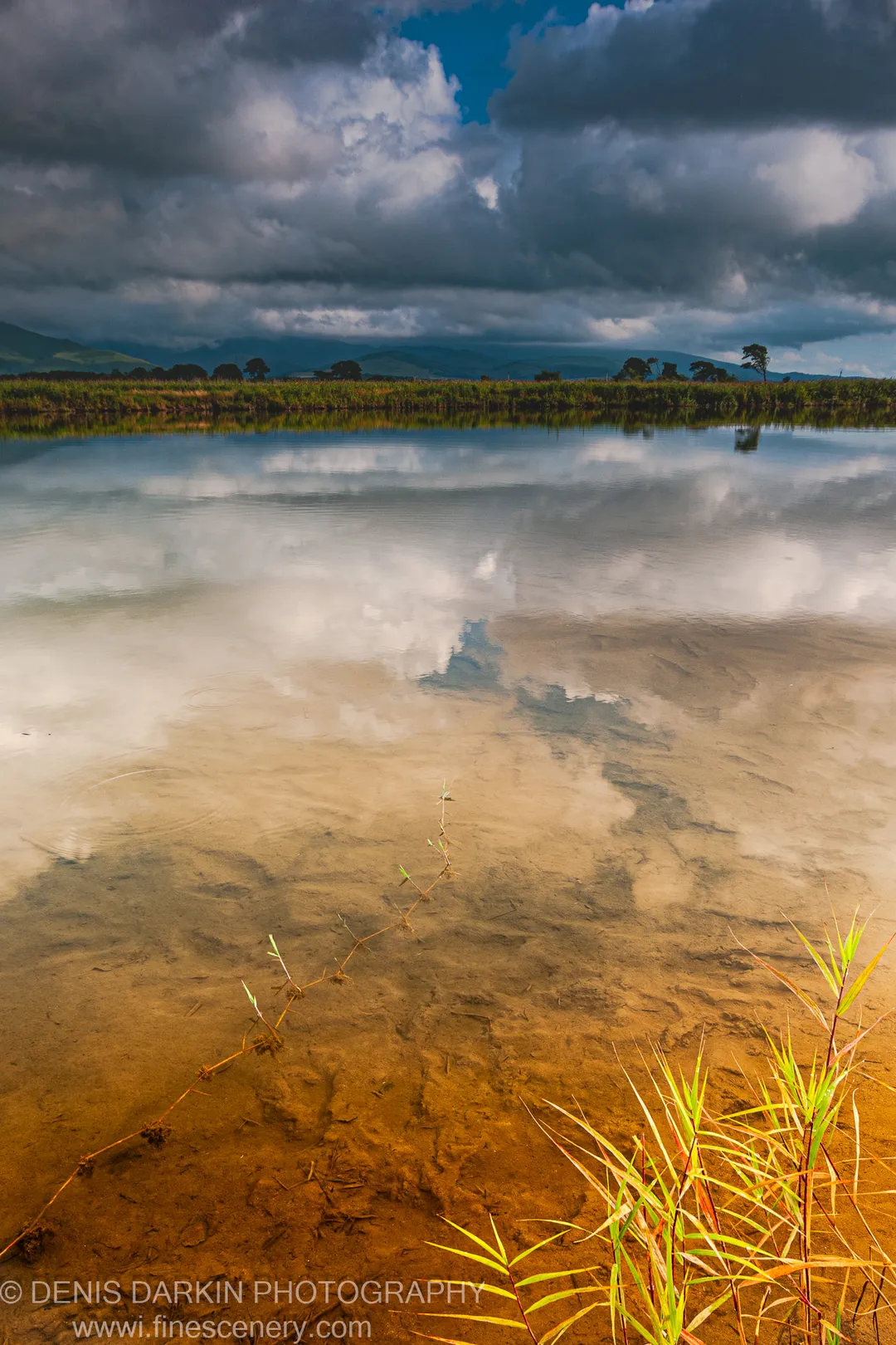 Delicate grasses grow from the sandy bottom of a calm shallow bay at Sidemi, their reflection in the still water below heavy cumulus clouds.