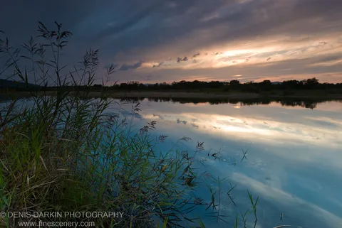 Tall reeds line a calm water surface reflecting the dusk sky, transitioning from warm sunset light to cool blue twilight, Sidemi.