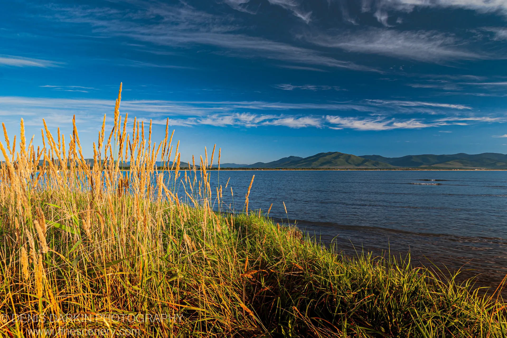 Backlit seed heads of tall autumn grass stand in the foreground above the deep blue water of Sidemi Bay, with cirrus clouds above.