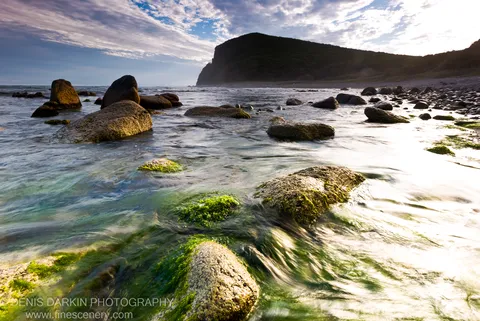 Long-exposure water flows around moss-covered boulders toward a dark, forested headland silhouetted against the horizon, Lazovsky Reserve.