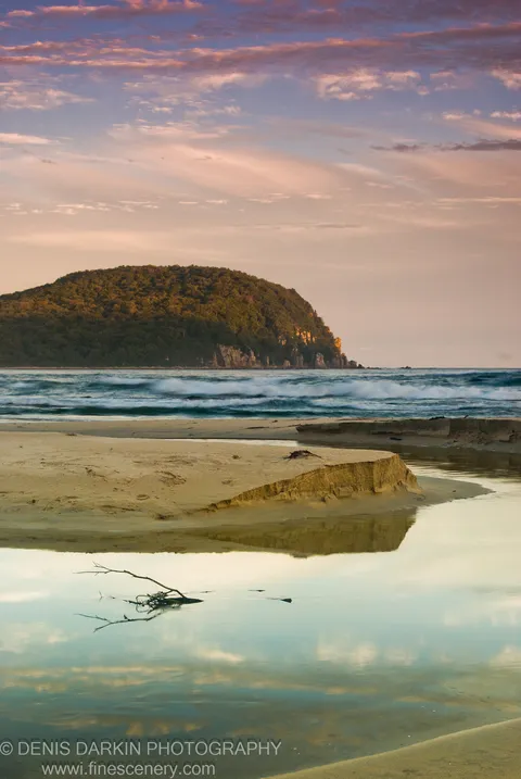 Still tidal pool with a solitary branch at Petrova Island, white-capped waves rolling toward a warmly lit forested hill.