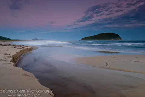 Wet sand and a shallow inlet extend toward a dark forested island on the right under a violet dusk sky at Petrova Island, Lazovsky Reserve.