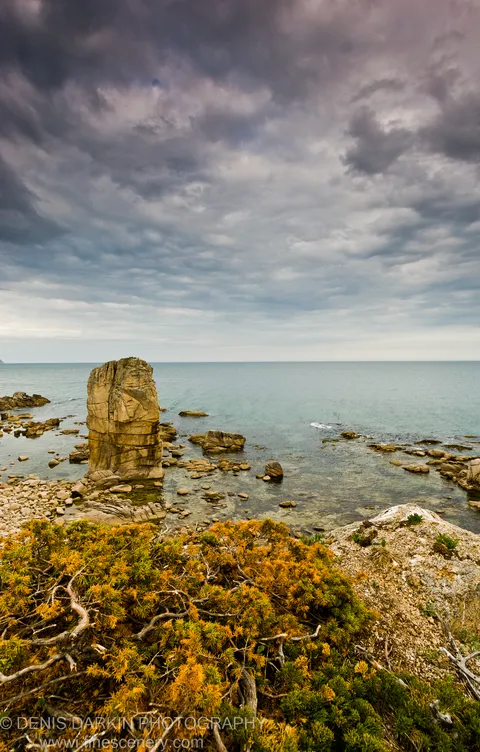 Rocky coastal scrubland with orange vegetation and a stratified rock pillar rising from calm water, Petrova Island, Lazovsky Reserve.