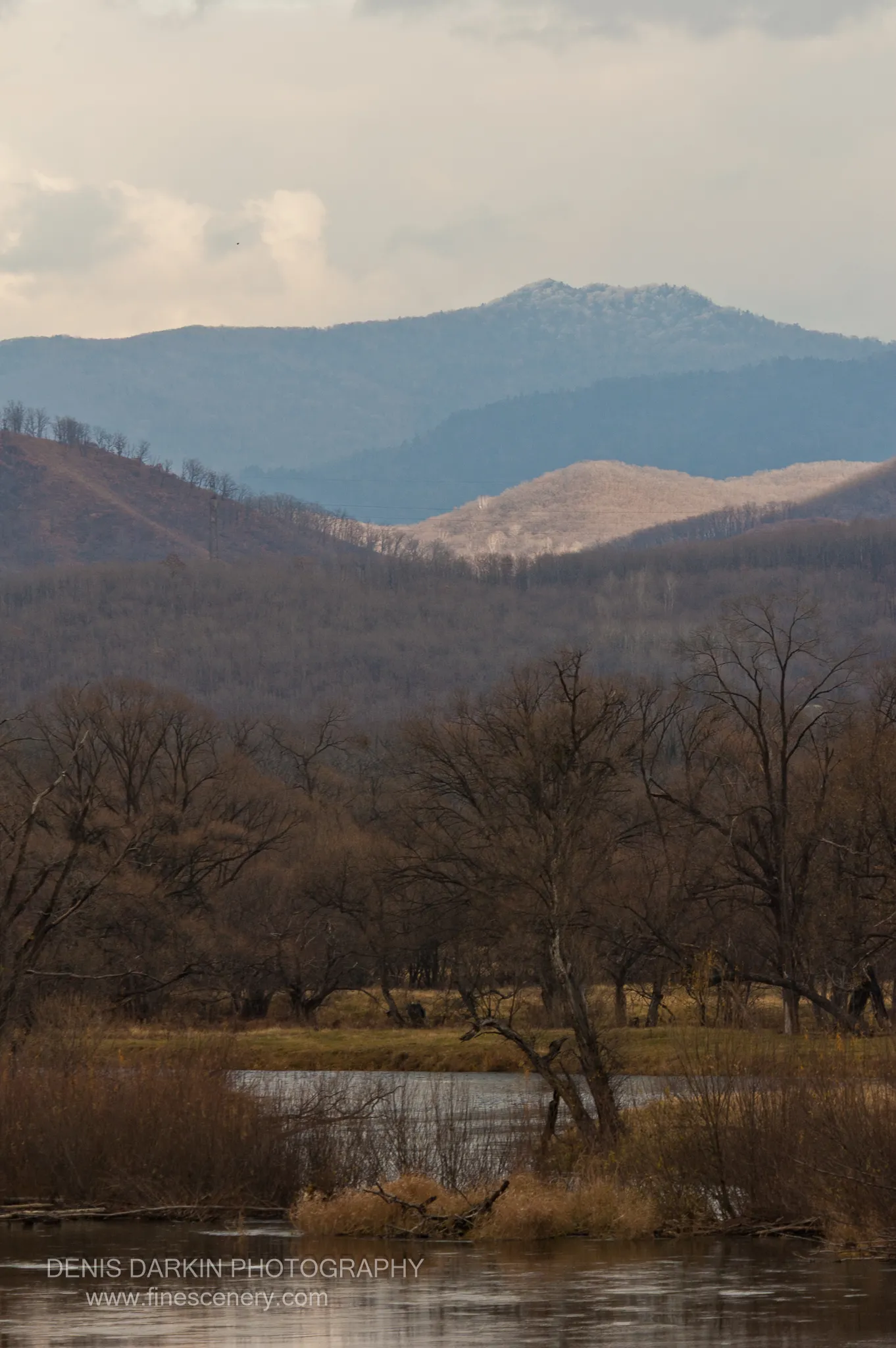 Calm Ussuri River flanked by dry reeds and bare trees, dormant hills and snow-dusted mountains visible in the distance.
