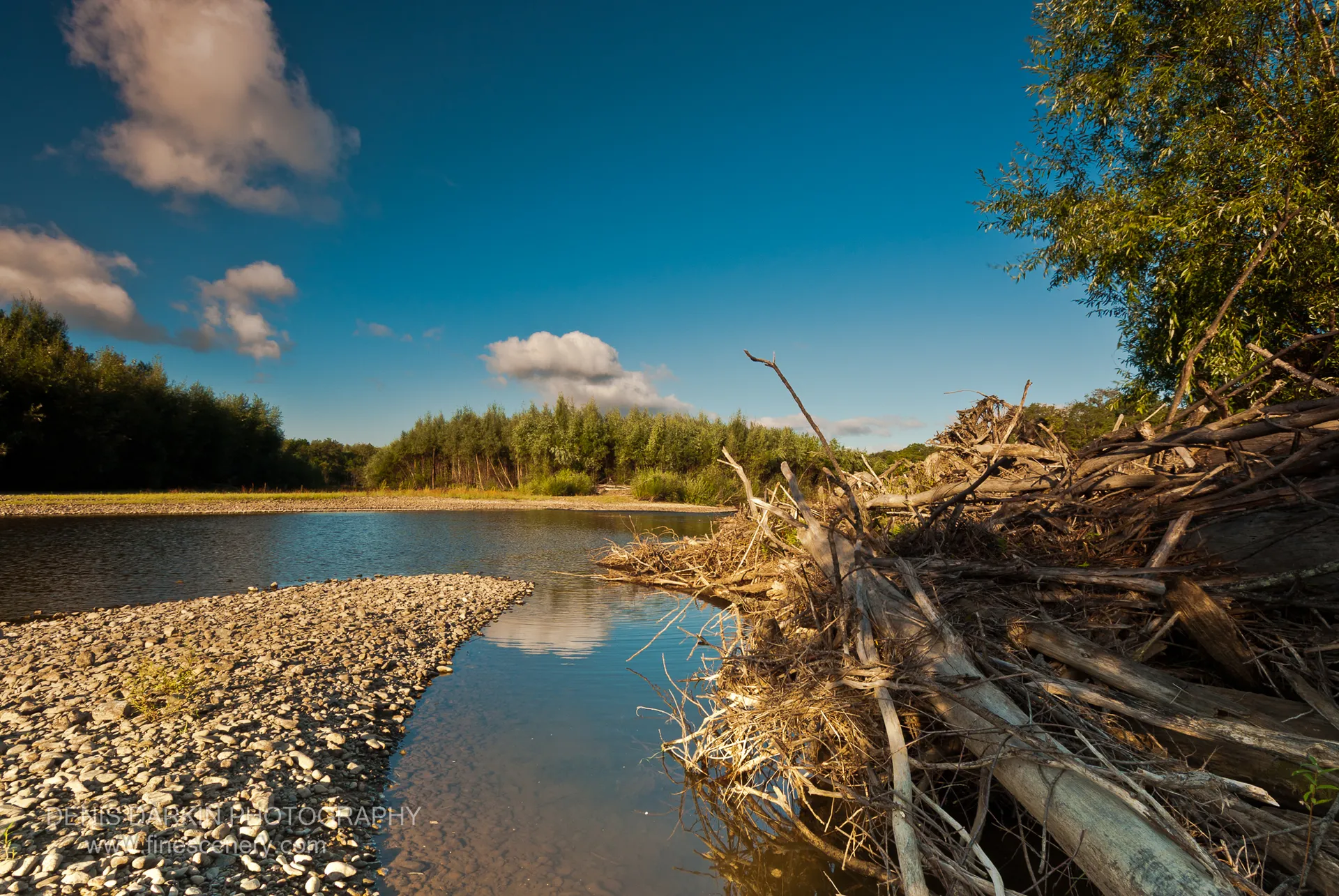 Weathered driftwood piled on the right bank of the Bikin, with a pebble spit extending into calm water under a blue sky.