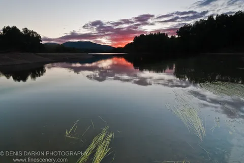 Silhouetted tree lines on both Bikin River banks at dusk, submerged aquatic grass in the foreground and a mountain range beyond.