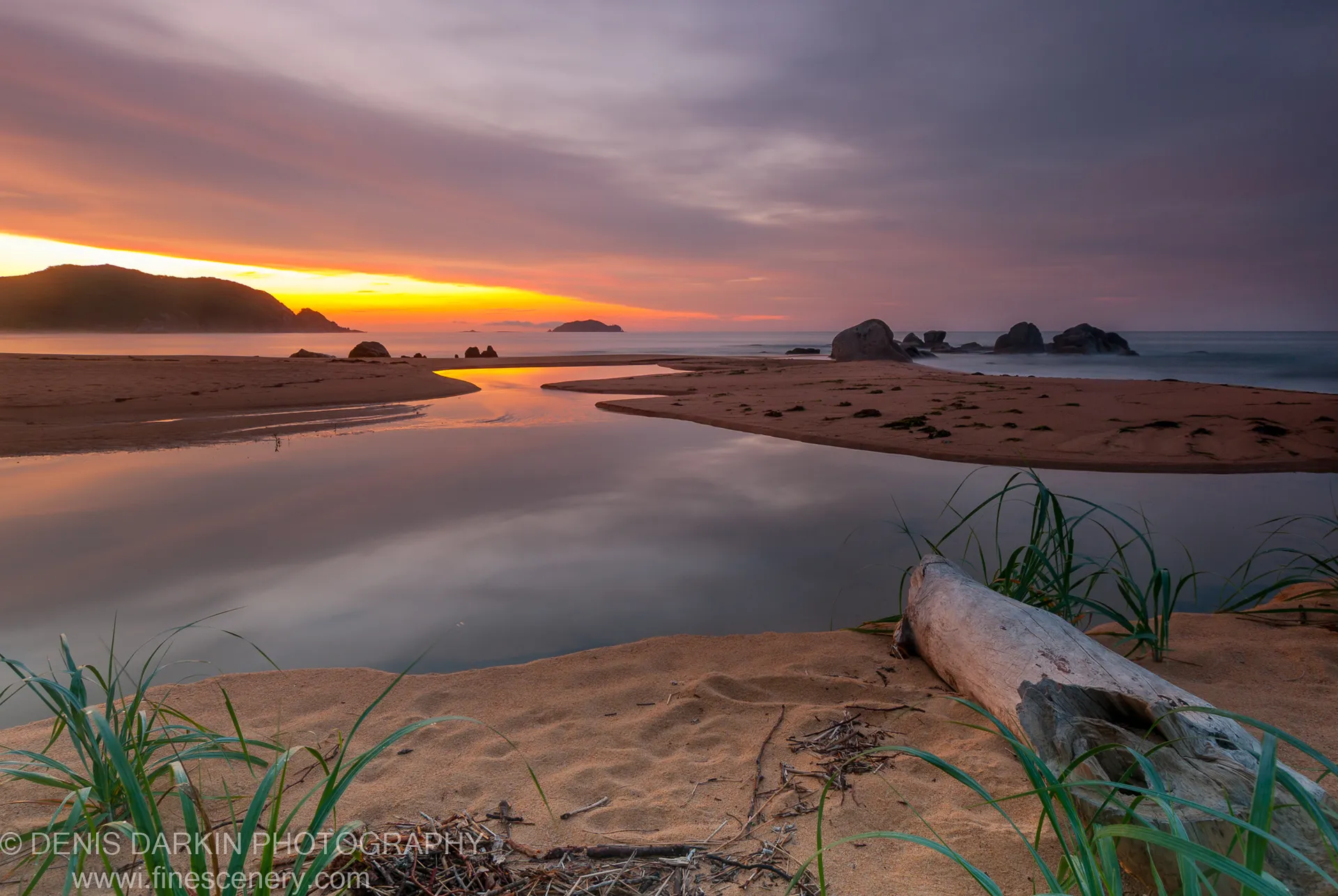 A weathered log rests among coastal grasses at the tidal channel mouth at Tachingouza Bay, with orange dawn light reflected on the wet sand.