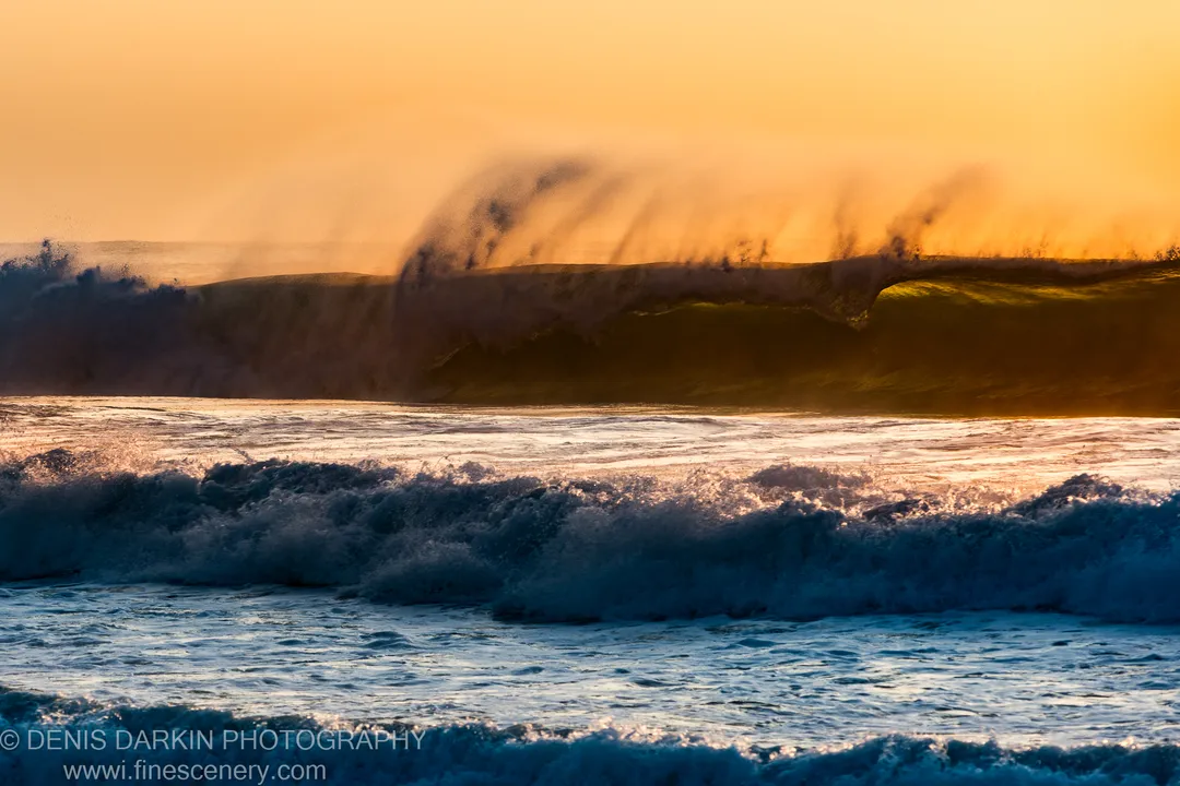A large wave crests and sends a plume of mist into the air against an orange-lit dawn sky at Spoon Bay.
