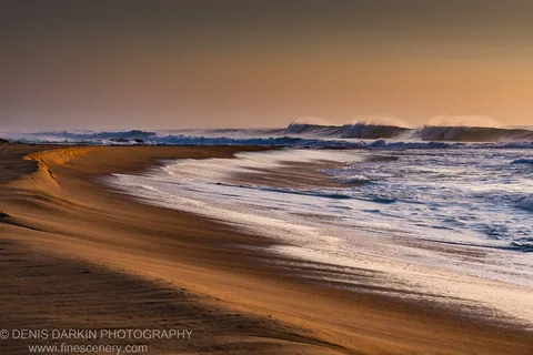 A curving shoreline at Spoon Bay in summer dawn light, with a diagonal sweep of golden sand leading toward cresting ocean waves.