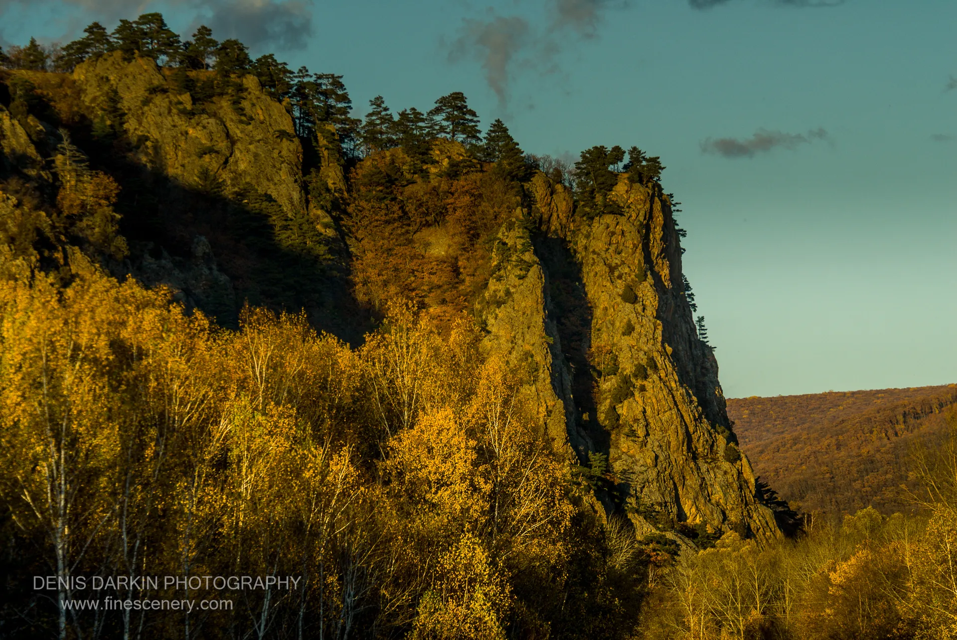 A sheer rock face lit by afternoon sun, yellow foliage at its base and dark pines on the summit, Lefu River valley, Primorsky Krai.