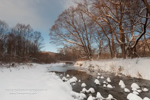 A wide river winds through a snowy valley with leafless trees and amber-lit hilltops at the Ananievka River, Primorsky Krai, November 2010.