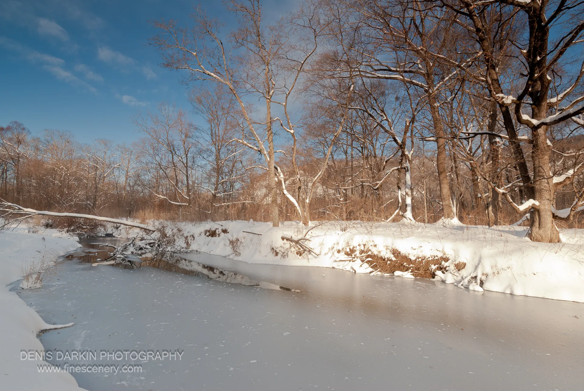 The Ananievka River curves through a snowy landscape, its surface partially covered in pale ice, long tree shadows falling across white banks.