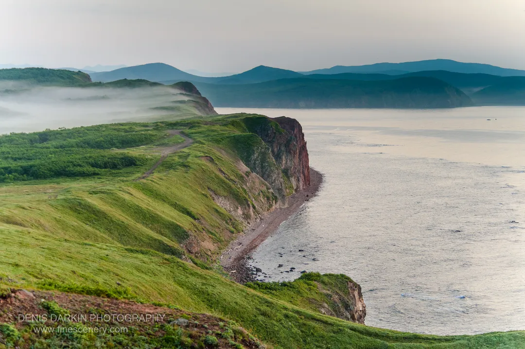 A grassy coastal slope descends into reddish-brown cliffs along Vladimir Bay at dawn, mist clinging to rolling hills above the calm bay.