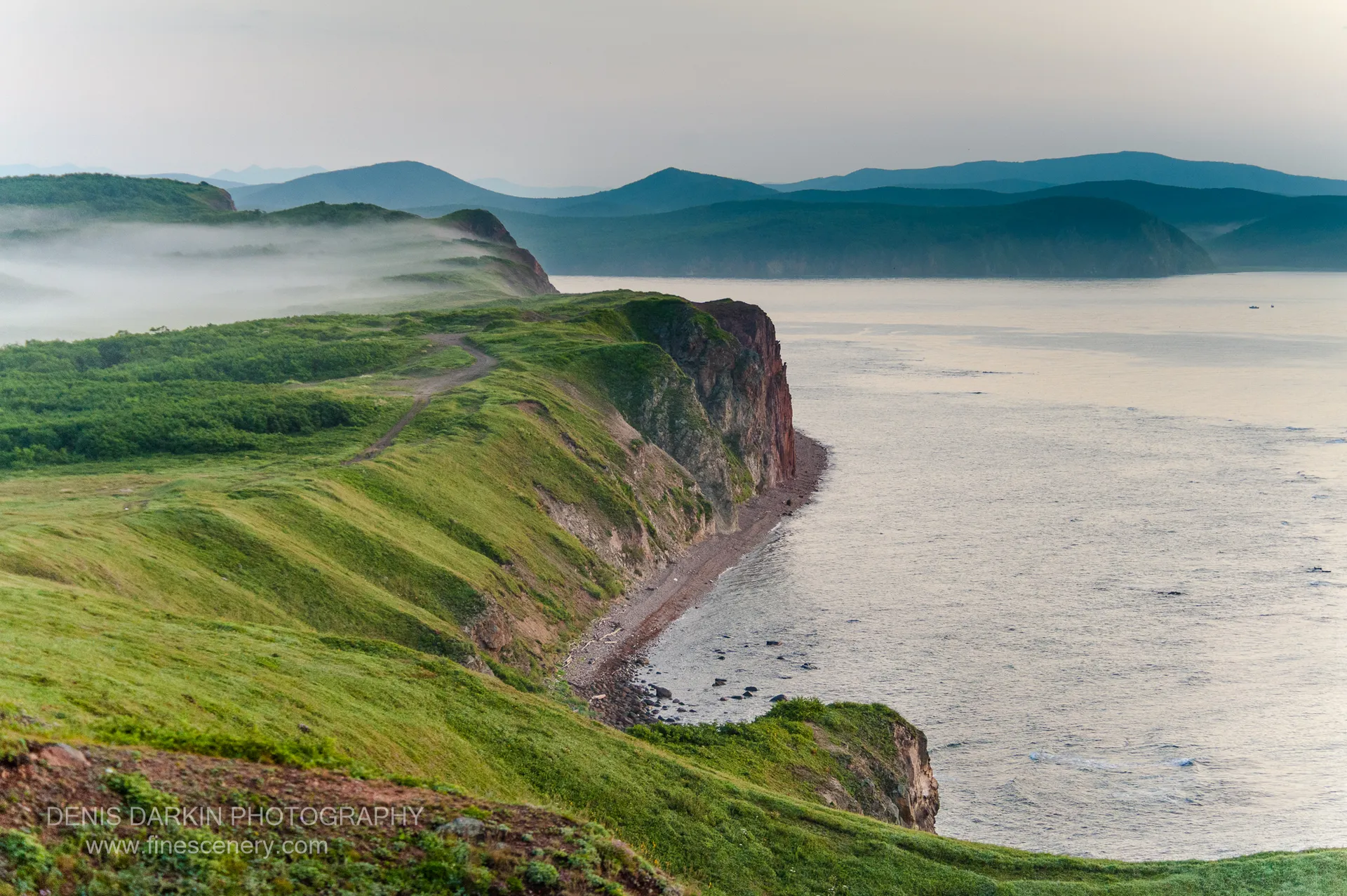 A grassy coastal slope descends into reddish-brown cliffs along Vladimir Bay at dawn, mist clinging to rolling hills above the calm bay.