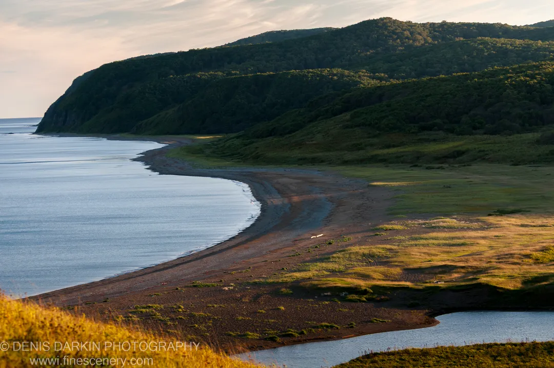 Calm water meets a pebbly beach below dark forested hills, at the Samarga River mouth in early autumn, golden-hour sky above.