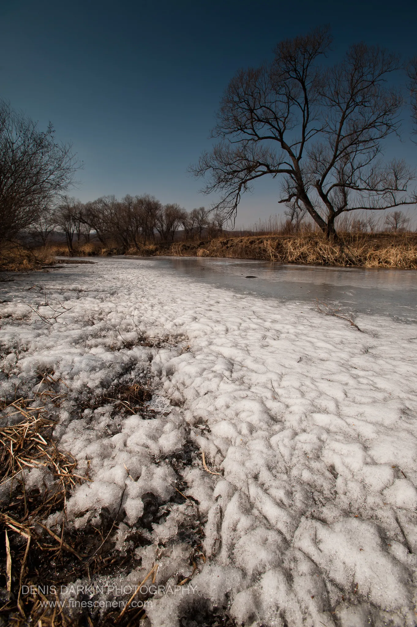Bright sunlight casts sharp shadows across melting river ice on the Komissarovka, with bare tree silhouettes against a gradient blue sky.