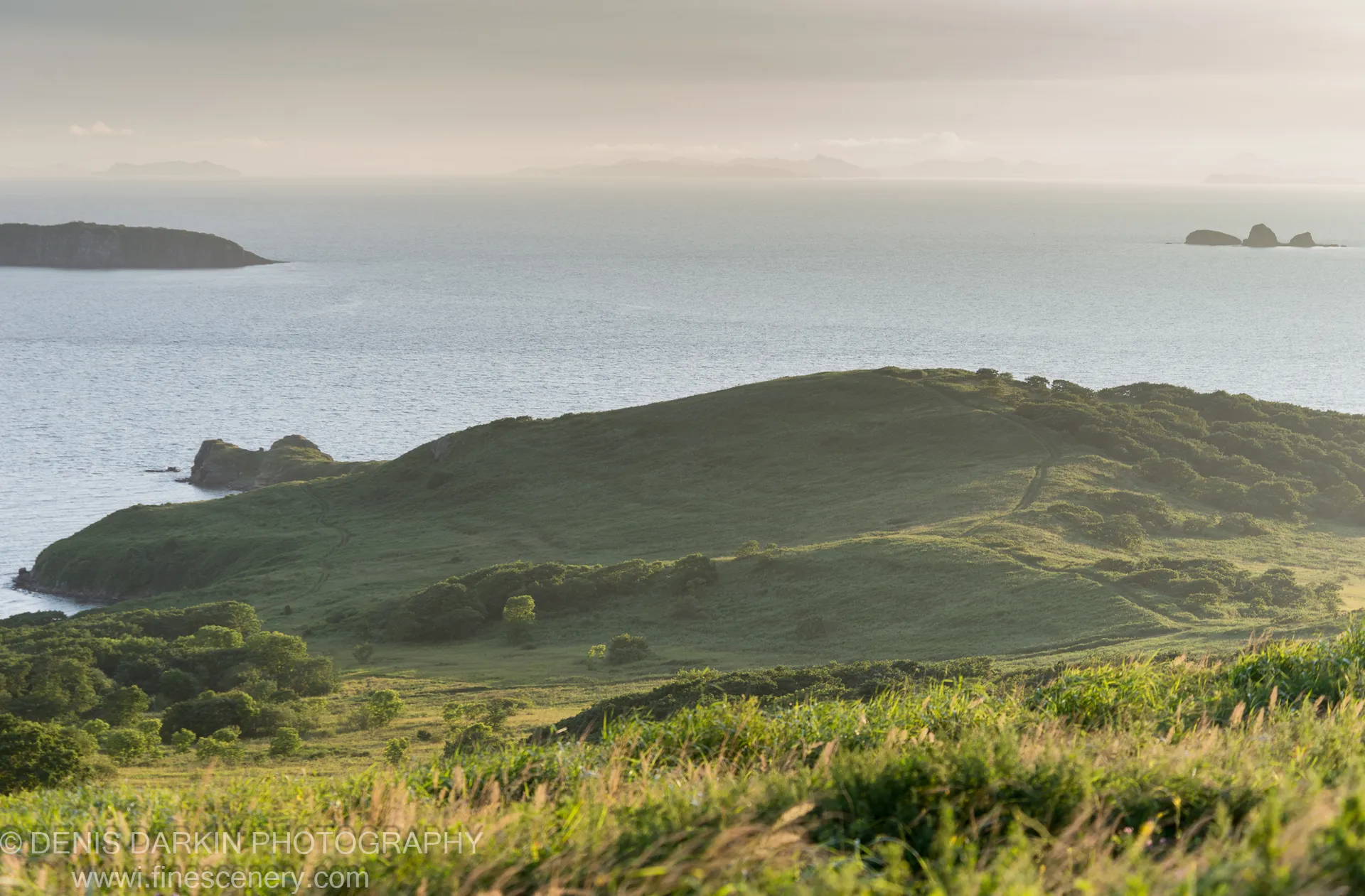 Rolling green ridge on Popov Island with faint dirt tracks winding toward the crest and a calm silver ocean stretching to distant hazy islands.