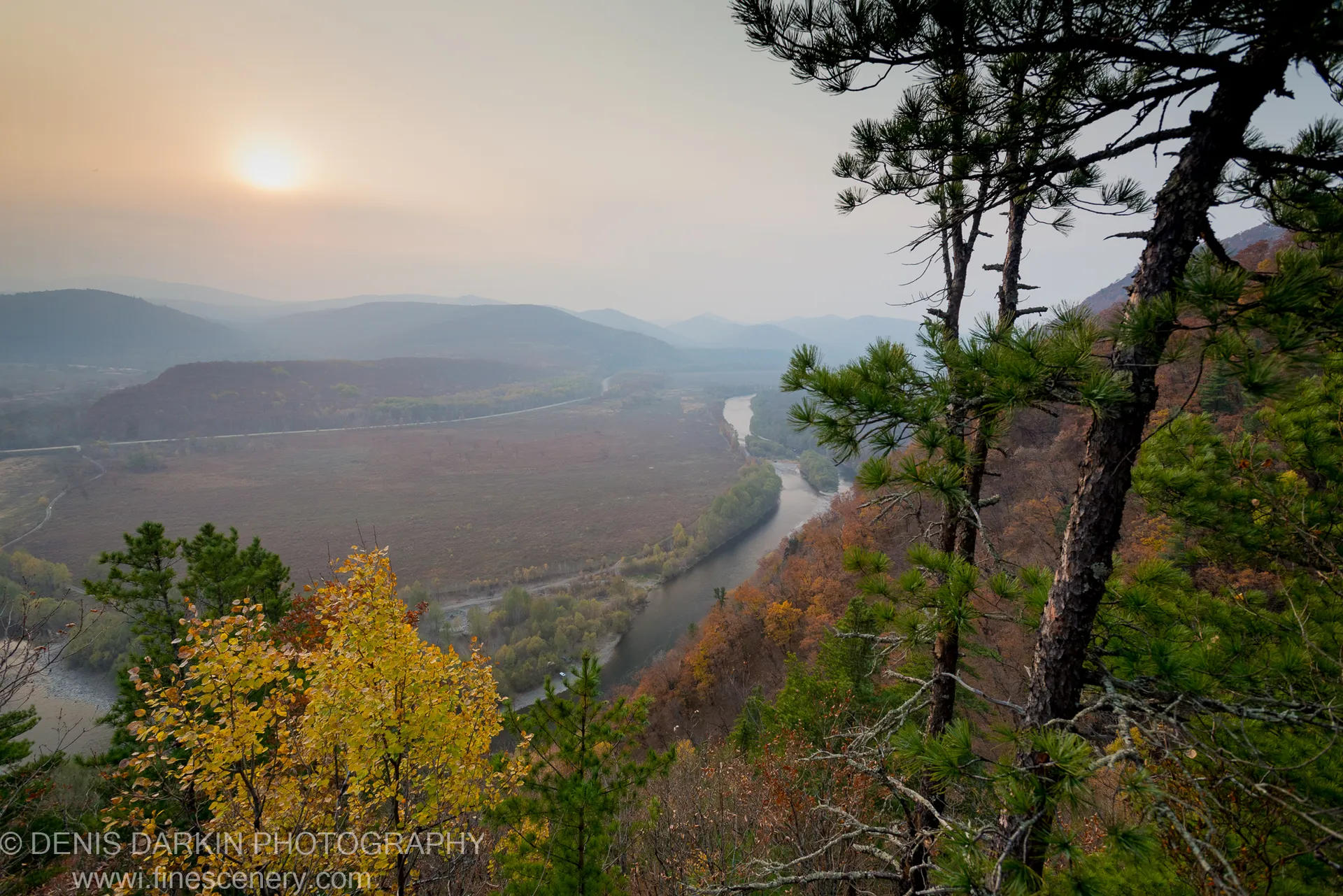 Yellow autumn foliage and a pine silhouette border a valley view of the Iman River winding below hazy mountain ranges.