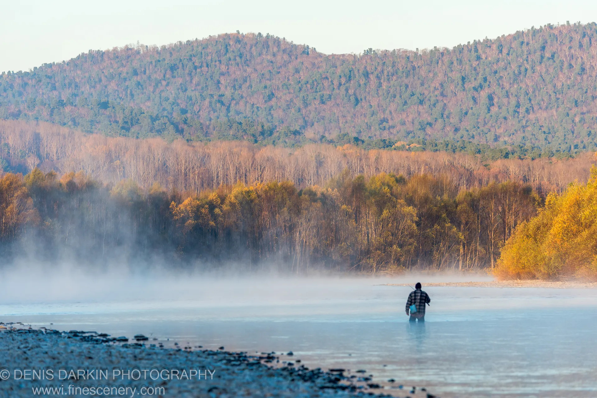 Lone figure stands waist-deep in a mist-covered river, layered autumn forest climbing the hillside behind, Iman River, Primorsky Krai.