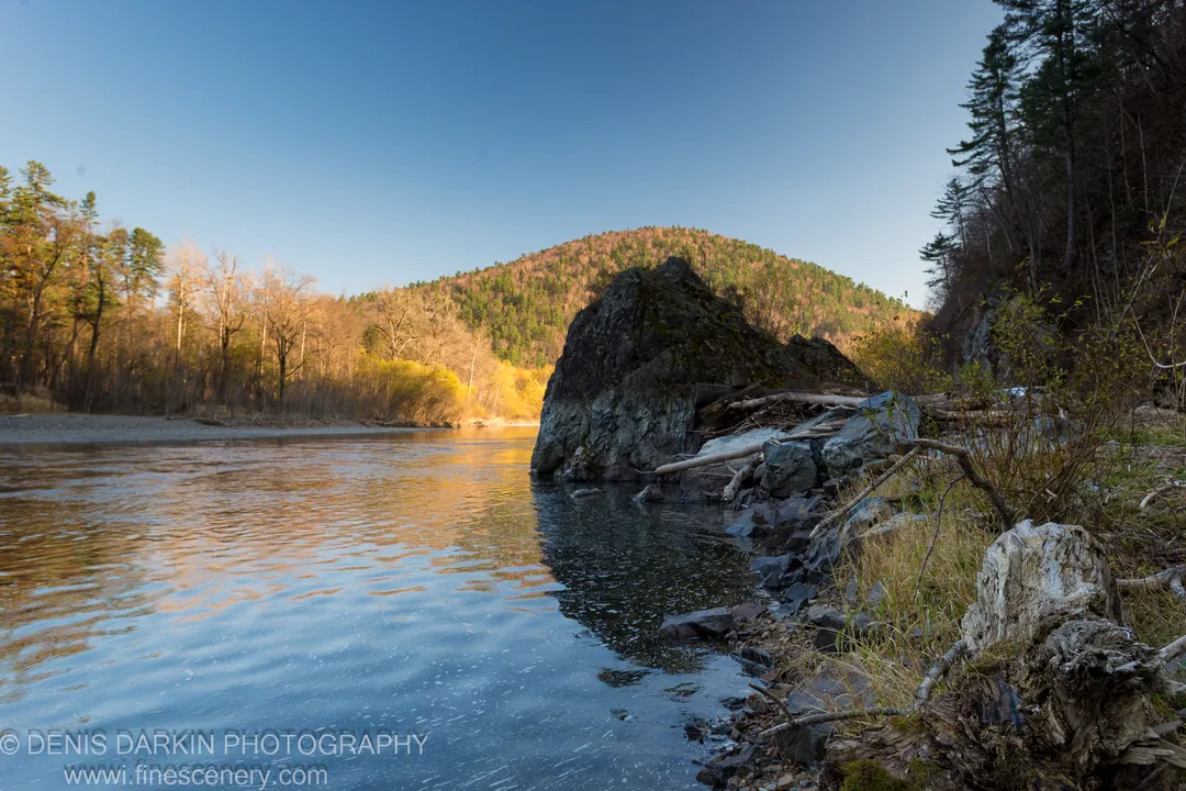 Large textured boulder in the right foreground beside driftwood, autumn foliage lit along the far bank, shimmering reflections on the river surface, Primorsky Krai.